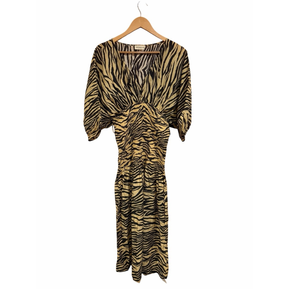 Nicholas Zebra Print Midi Dress Us 4 Ruched Waist Animal Print